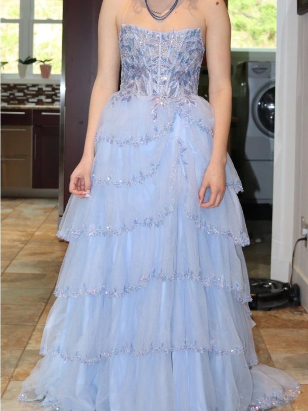 Strapless Light Blue Prom Dress with Sequins Bodice